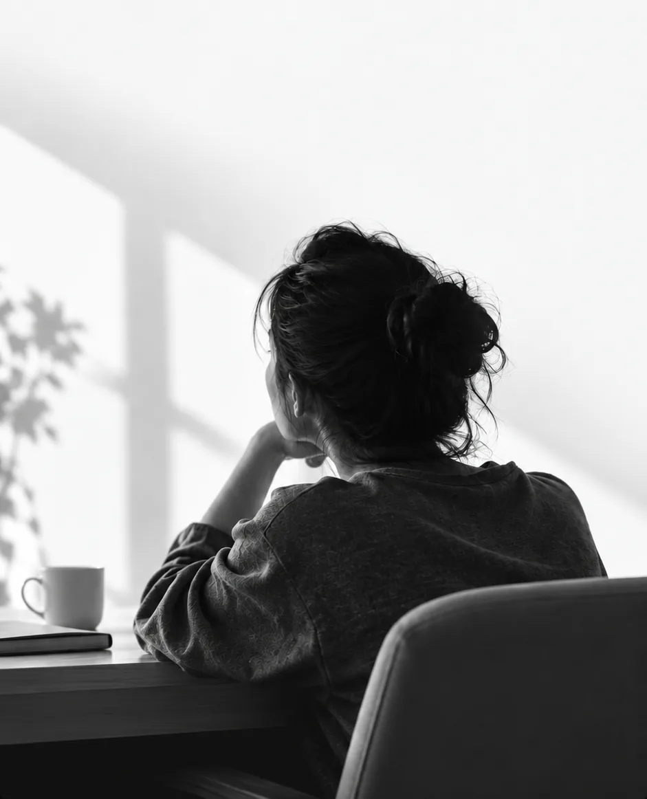 A woman sitting at a desk, looking out of a window