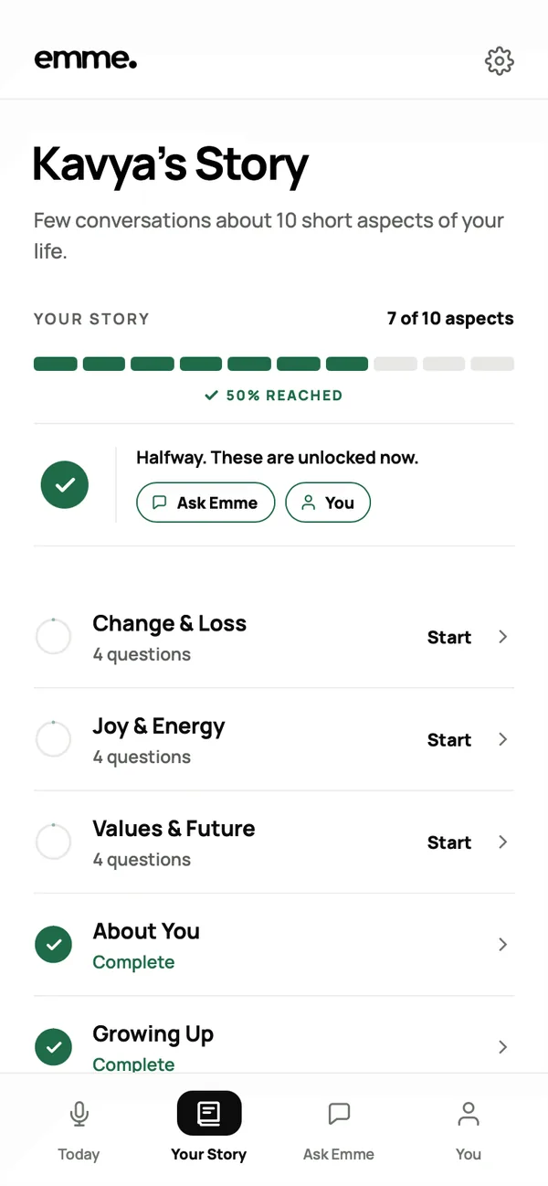 The emme app's Your Story screen, where a client tells emme their story