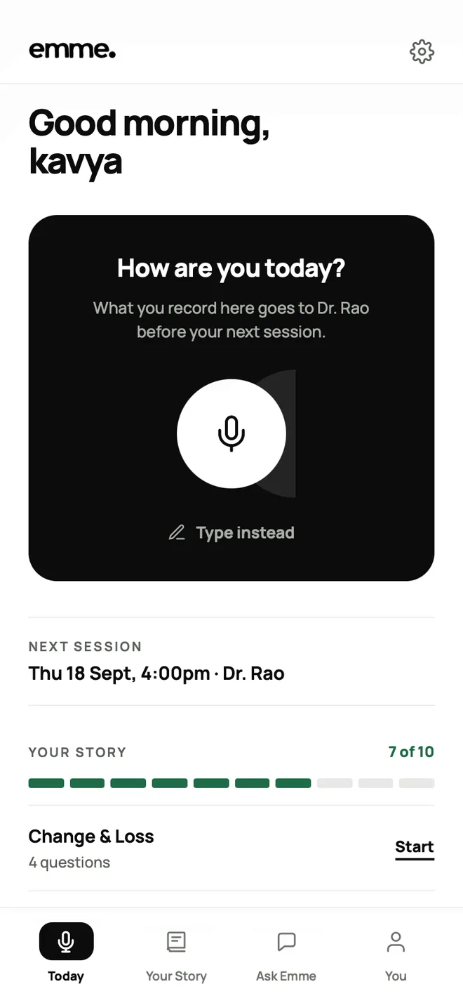 The emme app's Today screen: a voice or text check-in